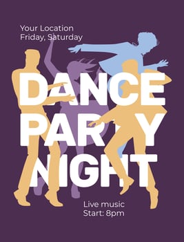dance party night advertising poster, postcard. Silhouettes of dancing people on a dark background with large text. Vector flat illustration