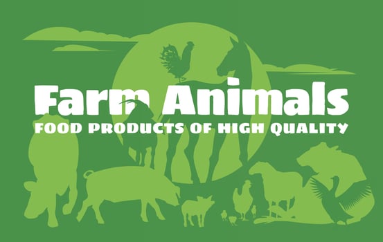 silhouettes of farm animals on a green background and large text. Advertising of natural farming and agriculture. Vector flat illustration.