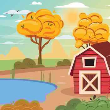 Beautiful autumn illustration with a red barn and pond next to it. Autumn illustration vector