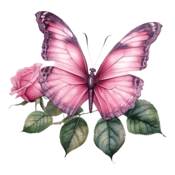 watercolor Butterfly on a flower and leaves in a fantasy style. AI-Generated. png