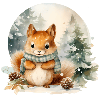 Cute squirrel in a winter forest. Watercolor cartoon illustration AI Generative png