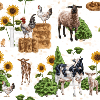 Farm animals in a meadow on a pasture. Cows, sheep and chickens on a ranch among sunflowers and haystacks. Simple rural life, nature and plants. Seamless pattern, digital illustration. png
