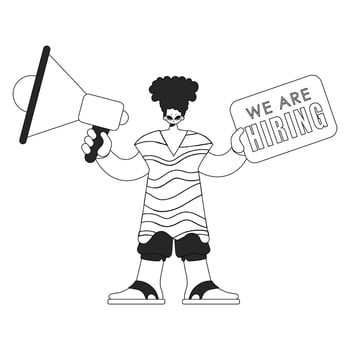 A qualified HR specialist man holds a megaphone in his hands. HR topic. Linear newspaper black and white style. vector