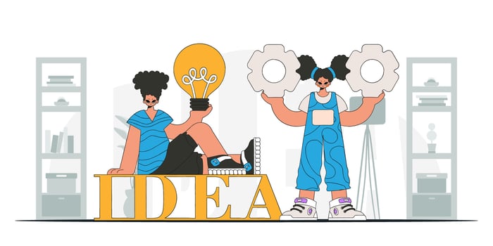 Gorgeous guy and girl generates ideas and solves problems. Light bulb and gears in their hands. Idea theme. Retro trendy style. vector