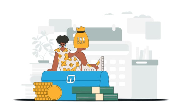 Graceful girl rerzhit bag with taxes in her hand. Graphic illustration on the theme of tax payments. vector