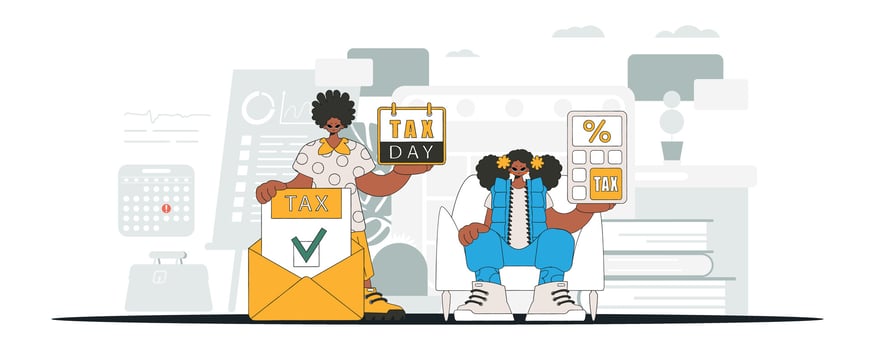 Fashionable guy and girl are engaged in paying taxes. An illustration demonstrating the importance of paying taxes for economic development. vector