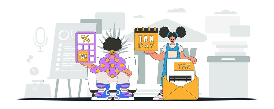 An elegant guy and a girl are engaged in paying taxes. An illustration demonstrating the correct payment of taxes. vector