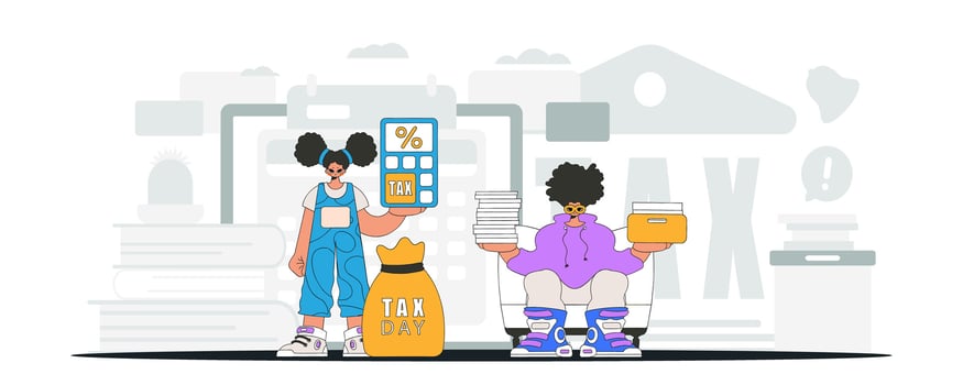 Fashionable girl and guy demonstrate paying taxes. Graphic illustration on the theme of tax payments. vector