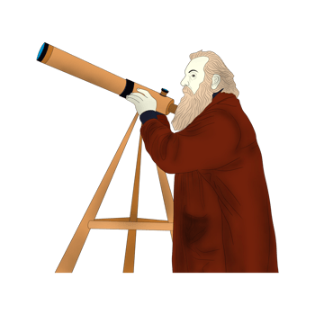 Galileo Galilei looking at the stars with a telescope painting isolated, Galileo Galilei near his telescope looking pensive to the firmament of stars png