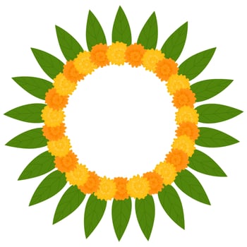Traditional Indian flower garland frame with marigold flowers and mango leaves. Decoration for Indian Hindu holidays. Vector illustration isolated on white background.