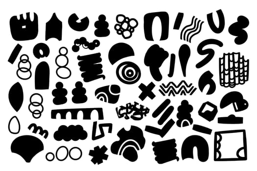 Set of hand drawn various shapes and doodle objects silhouettes. Abstract contemporary modern trendy vector illustrations. One color palette. All elements are isolated.