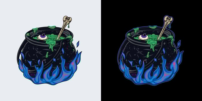 Witch cauldron with bubbling potion, blue fire vector