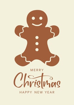 Christmas card with gingerbread man. Merry Christmas and Happy New Year lettering vector