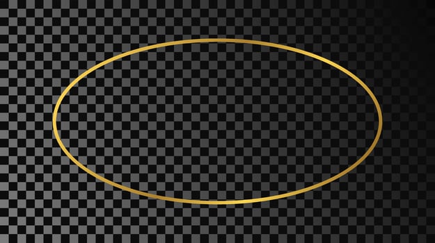 Gold glowing oval shape frame isolated on dark background. Shiny frame with glowing effects. Vector illustration.