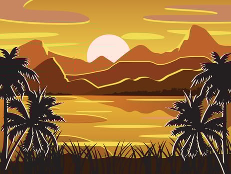 Landscape coconut tree mountain sea simple background vector design.