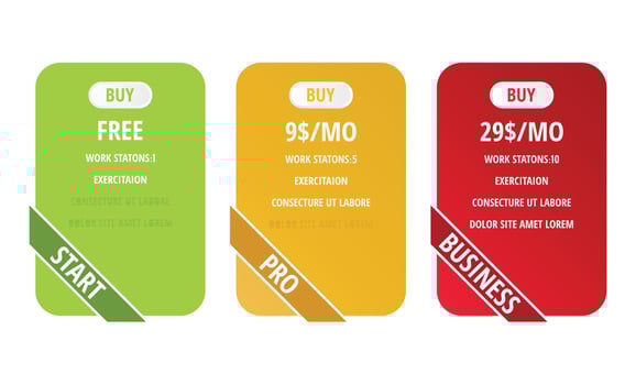 Tariff comparsion table block - web UI chart flat template - Basic, Standard, Premium tariffs - three info columns with options in different colors - vector infographics.