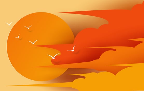 Illustration of cloudscape view and sunset in the evening with summertime season. Beautiful bird fly for sunset scene on orange sky.Creative design digital paper cut and craft style.art.vector. EPS10 vector