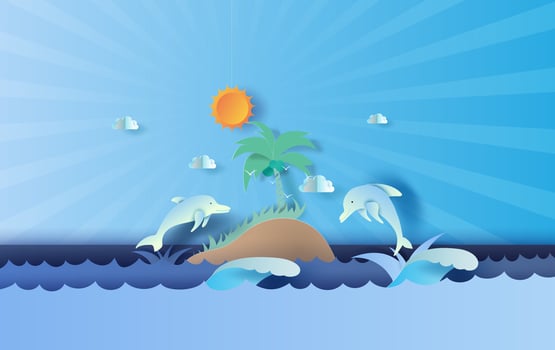 island seascape view with jumping dolphin life on sea sky beautiful.Summertime season background with blue pastel color tone.Creative design Paper cut and craft style.vector for poster,banner,card vector