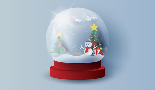 Glass ball snow stand with mountain landscape christmas trees in forest.Happy new year and Merry Christmas day.paper art and craft.Snow ice and Gift decoration for holiday and winter season.vector vector