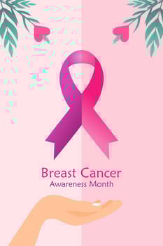 Breast Cancer awareness vertical banner illustration. A hand with pink ribbon. Healthcare campaign. vector