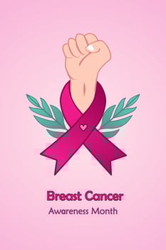 Breast Cancer awareness vertical banner illustration. A hand with pink ribbon. Healthcare campaign. vector