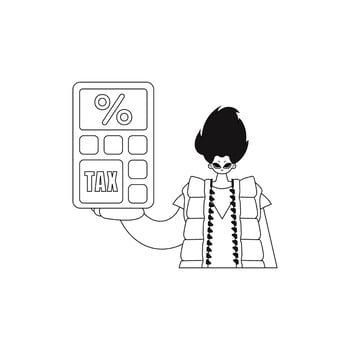 Man grips calculator in linear image. vector
