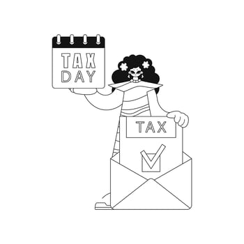 Girl has calendar and letter with tax notification in hands. Illustration shows linear style . vector