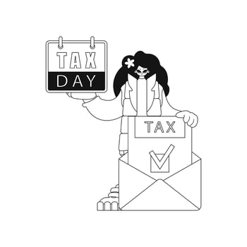 Girl has calendar and letter with tax notification in hands. Illustration shows linear style vector. vector