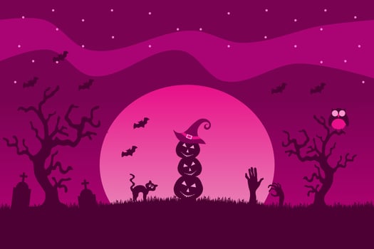 Halloween full moon night background with the Scarecrow pumpkin, tombstone, cat, owl, and bats. Vector illustration.