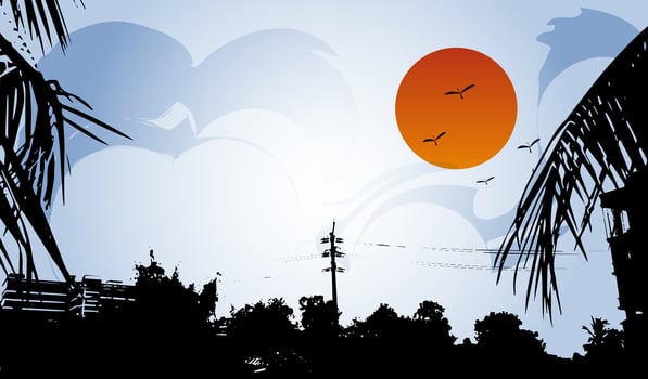 a sunset with palm trees and birds flying over it, branch, sun, sky, nature, tree, sunset, dark, autumn, outdoor, landscape, mountains, yellow, mountain, bat, vector, art, orange, spooky, moon, vector
