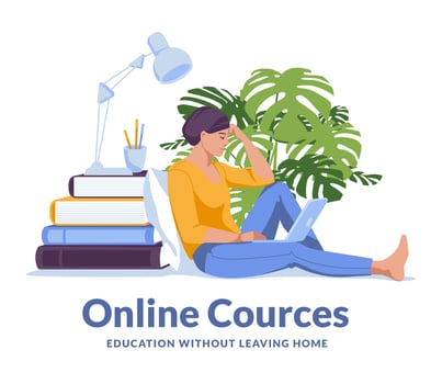 Young woman studying at home using laptop. Huge books. Online education concept. Flat vector illustration