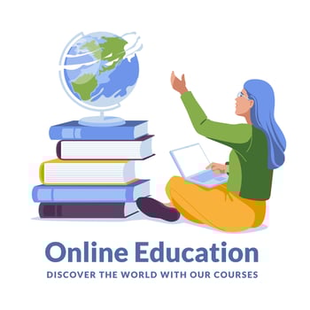 Young woman studying at home using laptop. Huge books. Online education concept. Flat vector illustration