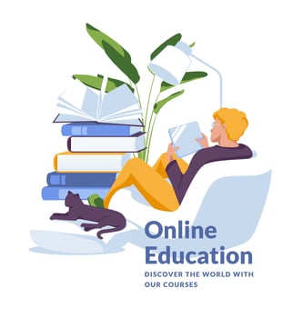Young man studying at home using laptop. Huge books. Online education concept. Flat vector illustration
