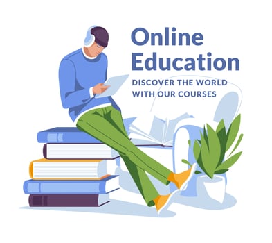 Young man studying at home using laptop. Huge books. Online education concept. Flat vector illustration