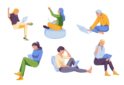 Set of Young women characters studying or working at home using laptop. Online education concept. Flat vector illustration