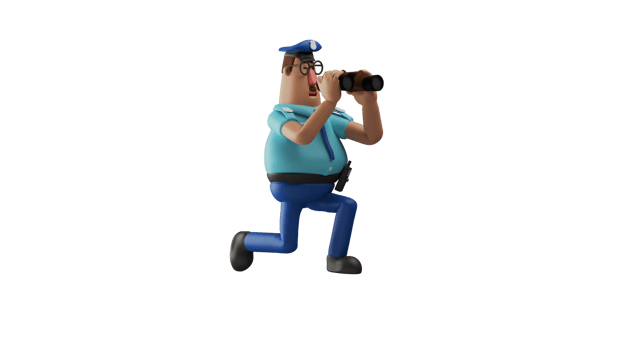 3D illustration. Alert Police 3D cartoon character. The policeman is kneeling while pointing his gun forward. Police are ready to shoot criminals who are running away. 3D cartoon character png