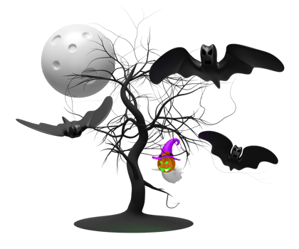 3d happy halloween party with full moon, bats, pumpkin, witch hat, tree isolated. 3d render illustration png