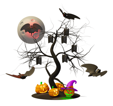 3d happy halloween party with full moon, bats, pumpkin, cute ghost flying, witch hat, tree isolated. 3d render illustration png