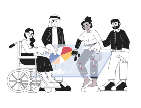 Collaboration co-workers black and white cartoon flat illustration. Diverse office team. Business people whiteboard linear 2D characters isolated. Corporate employees monochromatic scene vector image