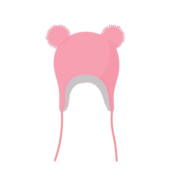 Light pink knitted earflap hat with pom-pom flat illustration vector isolated on white background. Winter accessory for kid girl