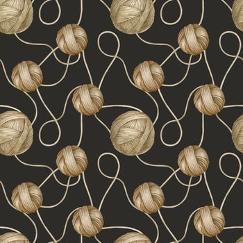 Brown yarn balls. Skein of yarn for knitting. Watercolor seamless pattern on white background. For fabric, packaging paper, scrapbooking, product packaging design, yarn or wool shop. vector