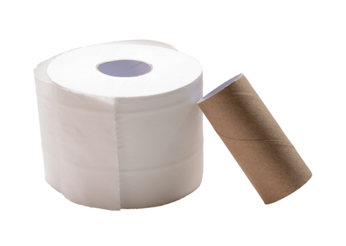 Single roll of white tissue paper or napkin with core prepared for use in toilet or restroom isolated with clipping path in png file format