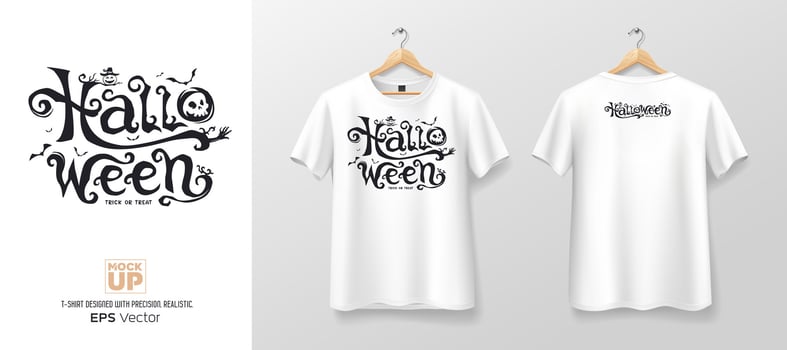 White t shirt front and back mockup collections, halloween text design template, EPS10 Vector illustration.