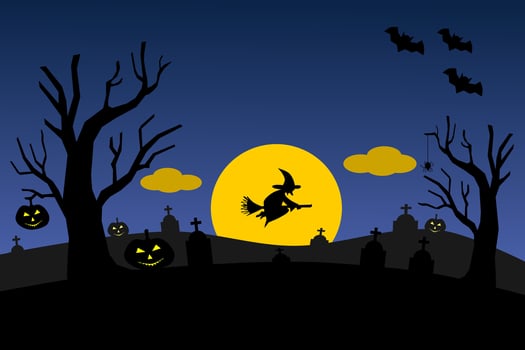 Halloween blue night background, pumpkins, tombstone, witch, and bats. Vector illustration.