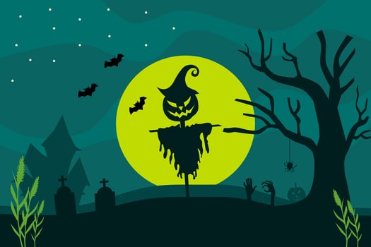 Halloween full moon night background with the Scarecrow pumpkin, dark castle, tombstone, and bats. Vector illustration.