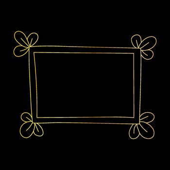 Doodle hand drawn gradient gold frame isolated on black background. Cute vector photo frame, beautiful vintage decorative element.