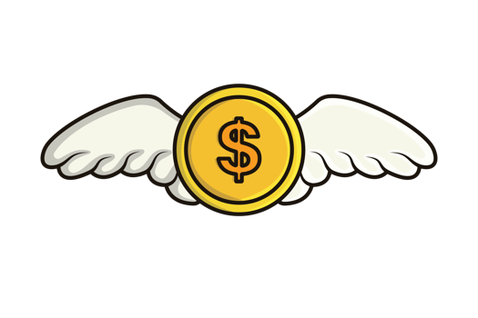 Flying Gold Coin with Wings illustration. Financial and business icon concept. Coin with dollar sign. Money symbol. American currency design. Currency growing up icon concept. png