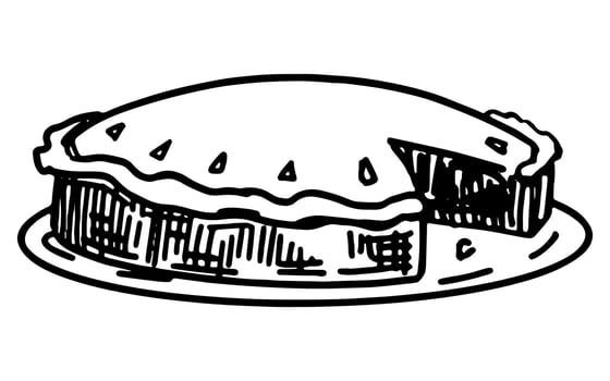 Sketch of pie on plate. Doodle of sweet homemade bakery. Hand drawn vector illustration. Single clip art isolated on white.