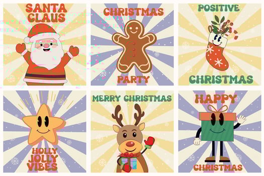 Groovy hippie Christmas. Santa, Christmas tree, smile, holly jolly vibes in trendy retro cartoon style. Happy New year greeting card, poster, template, print, party invitation, background. vector