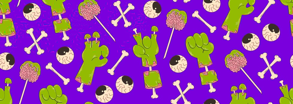 Colorful seamless pattern on the Halloween theme. Zombie hands, bones, eyes. Retro cartoon elements. Contemporary vector background.